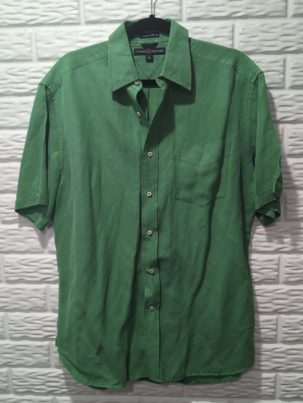 Vintage Men’s Tommy Hilfiger Green Linen Silk Button Down Short Sleeve Shirt Med